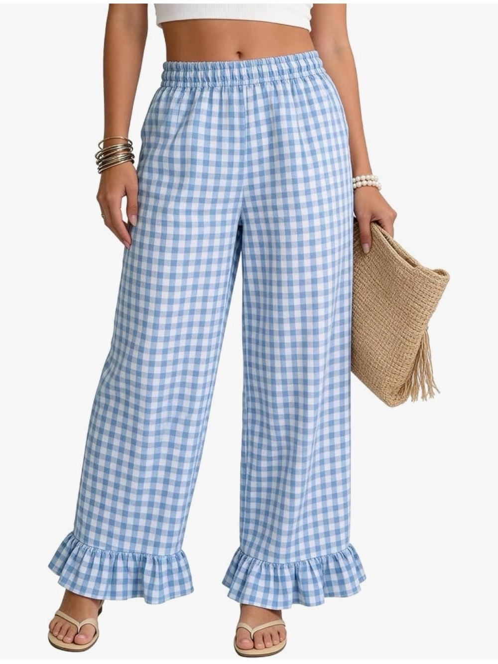 Light Blue Gingham Wide-Leg Ruffle Hem Pants